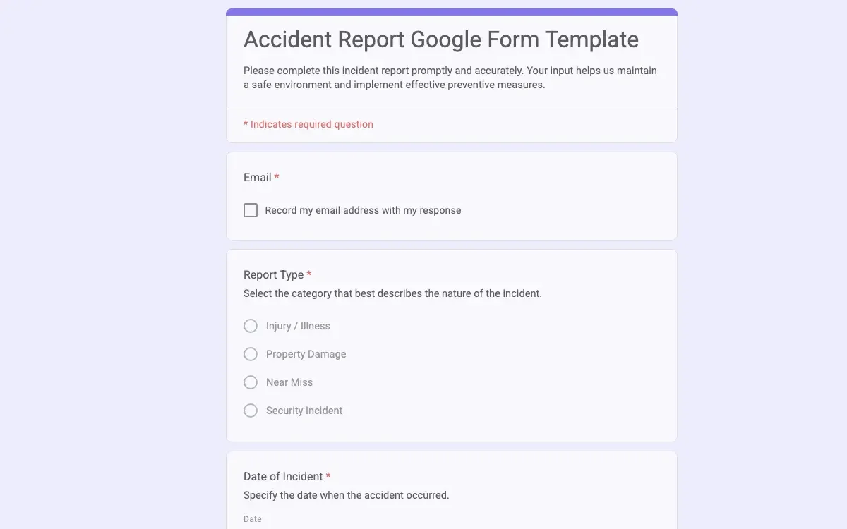 Preview of Accident Report Google Form Template