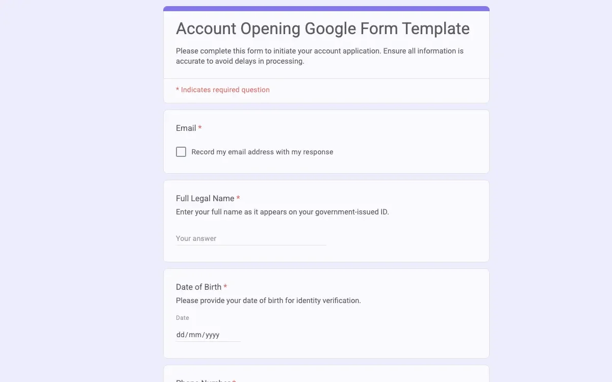Preview of Account Opening Google Form Template