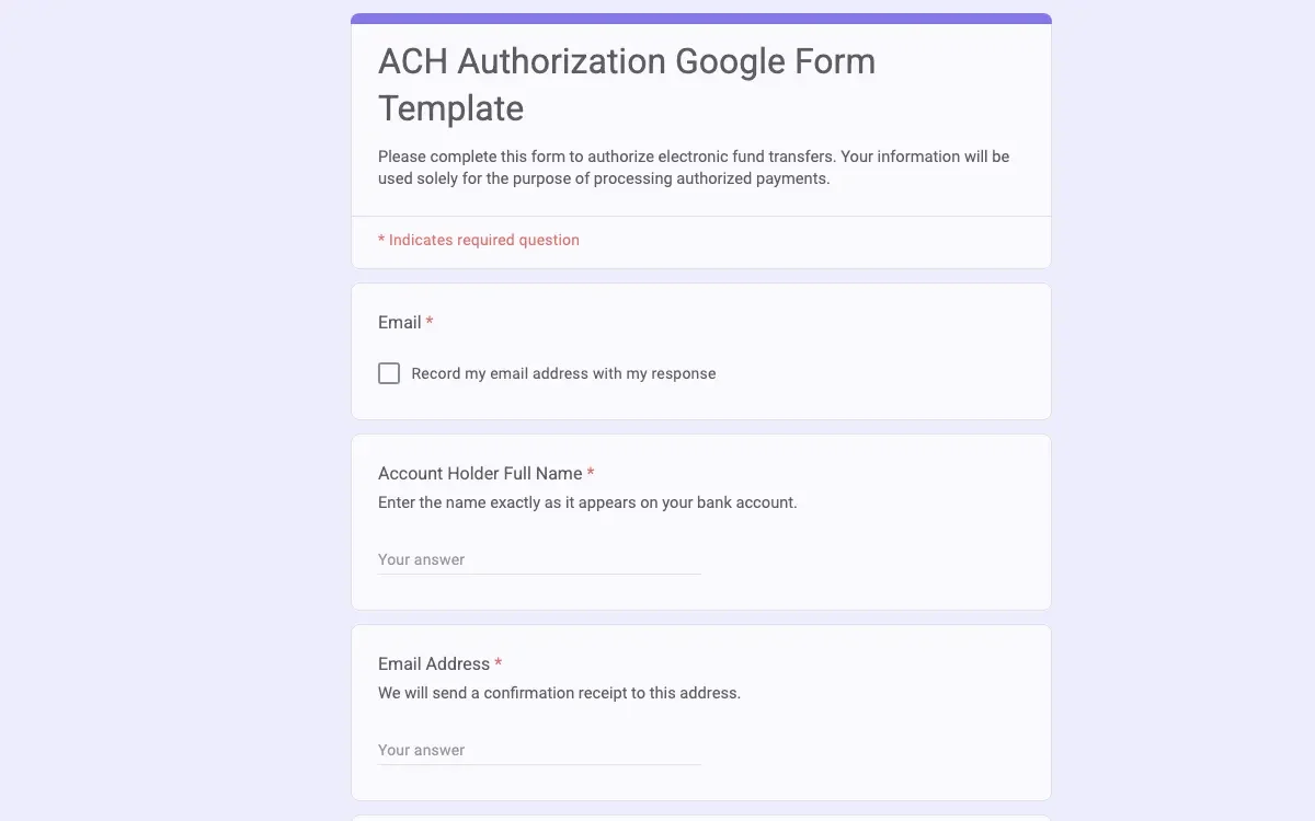 Preview of ACH Authorization Google Form Template
