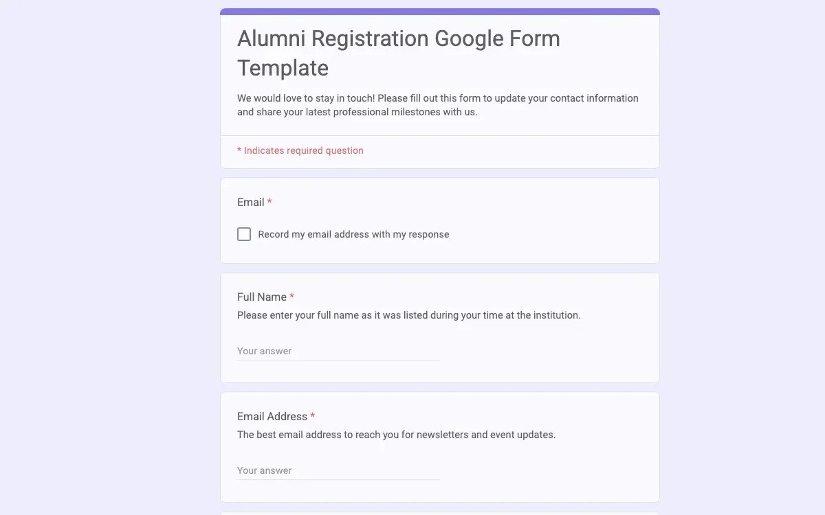 Preview of Alumni Registration Google Form Template