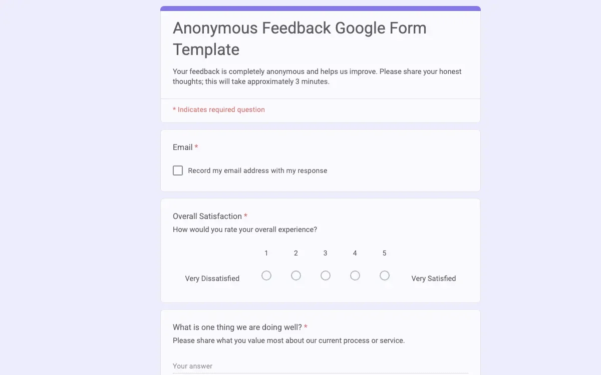 Preview of Anonymous Feedback Google Form Template