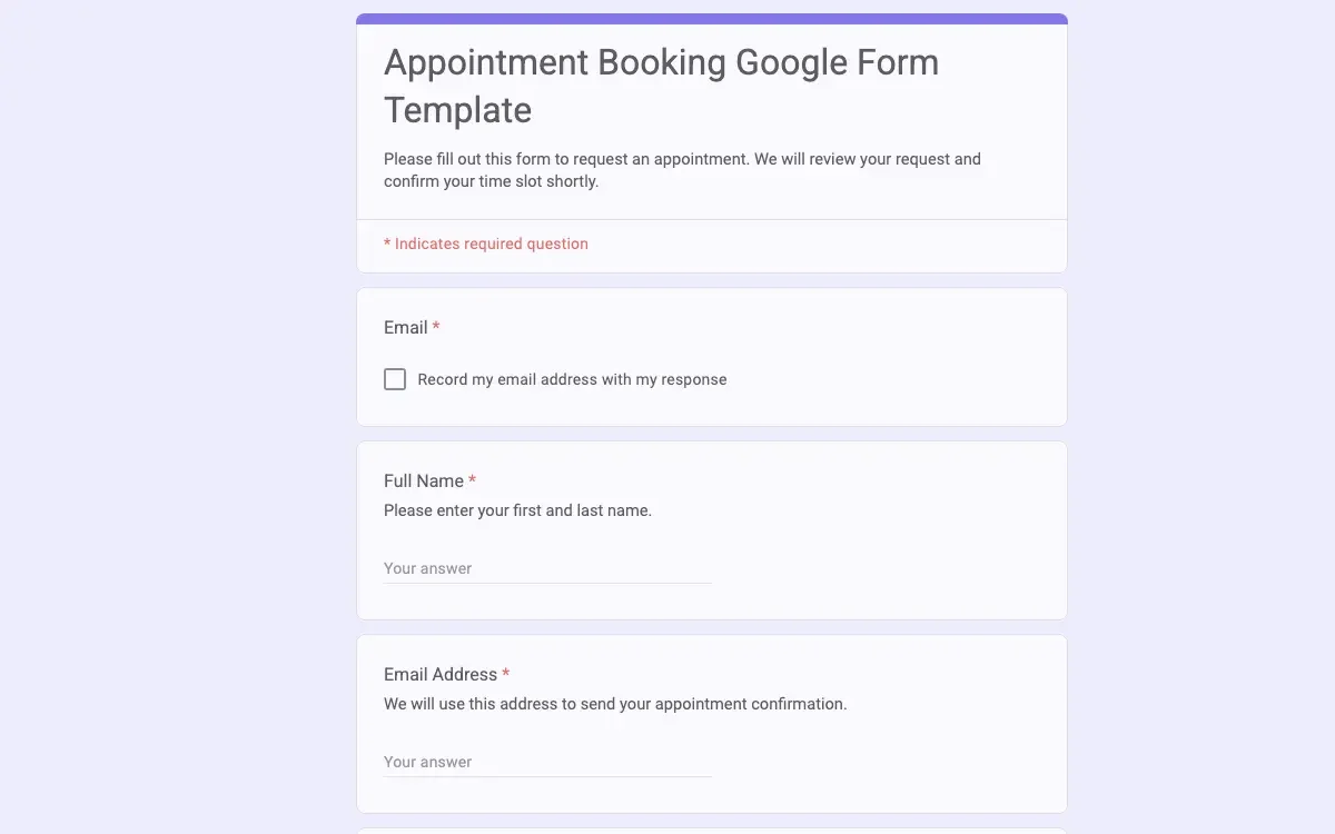 Preview of Appointment Booking Google Form Template