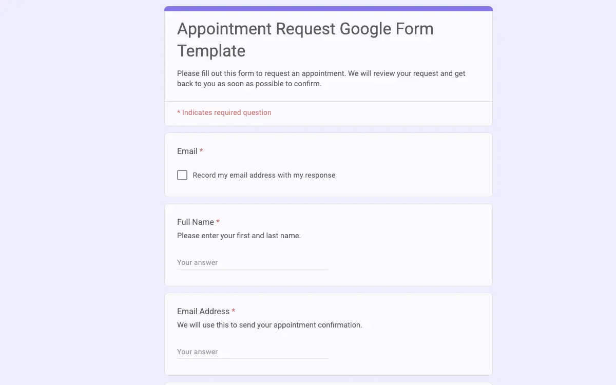 Preview of Appointment Request Google Form Template