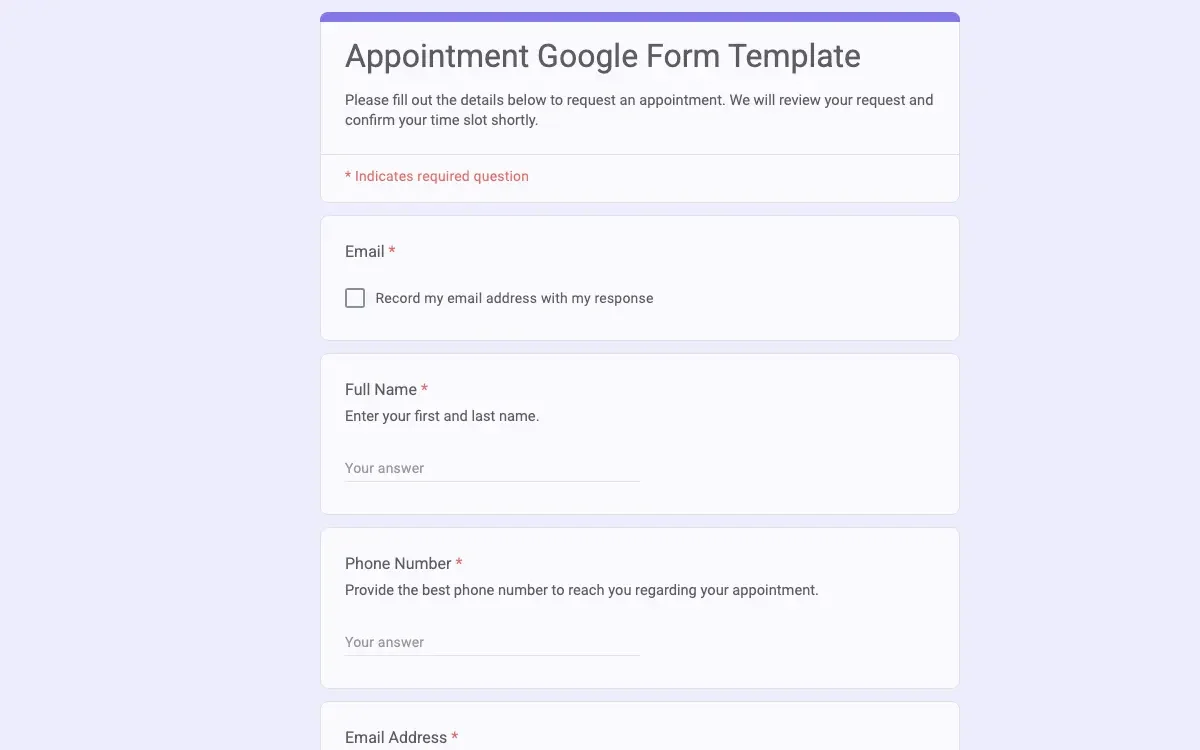Preview of Appointment Google Form Template