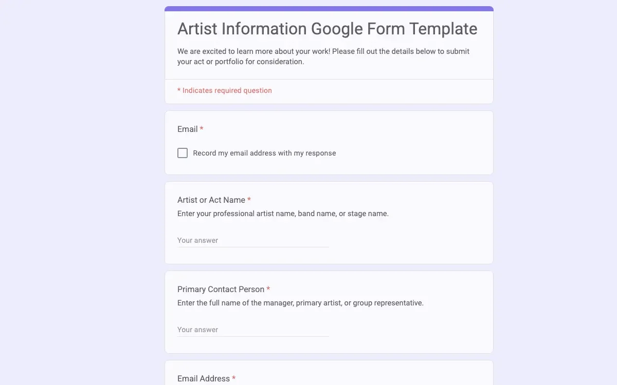 Preview of Artist Information Google Form Template