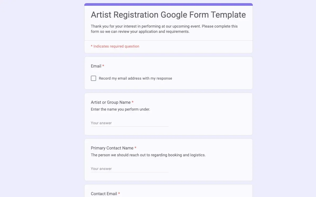 Preview of Artist Registration Google Form Template