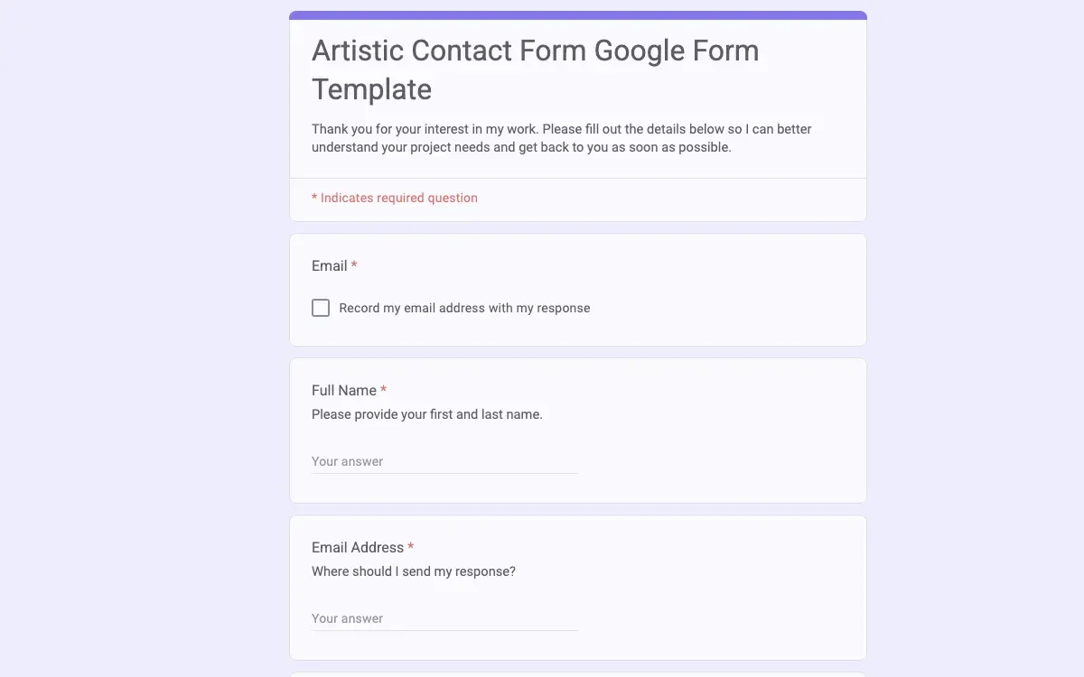 Preview of Artistic Contact Form Google Form Template