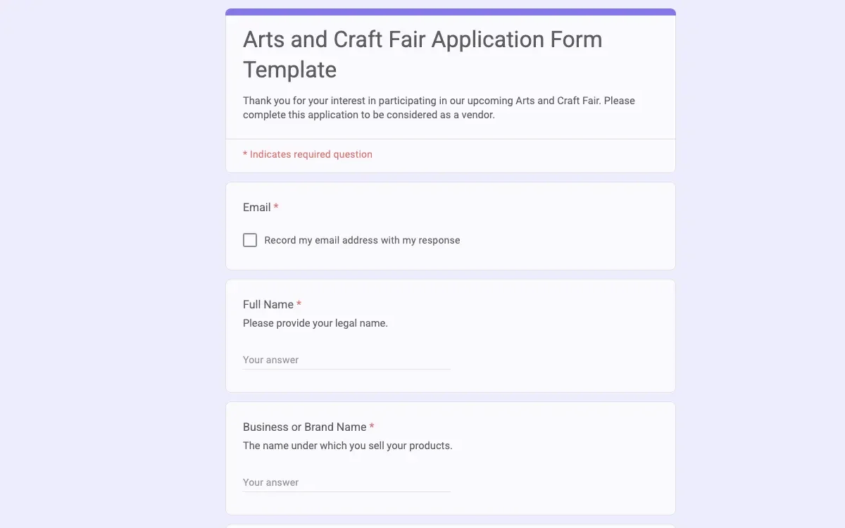 Preview of Arts and Craft Fair Application Form Template
