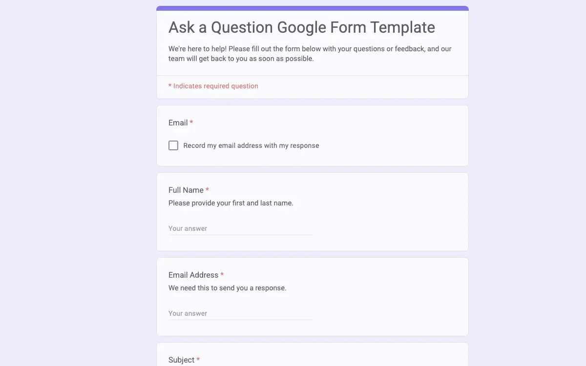 Preview of Ask a Question Google Form Template