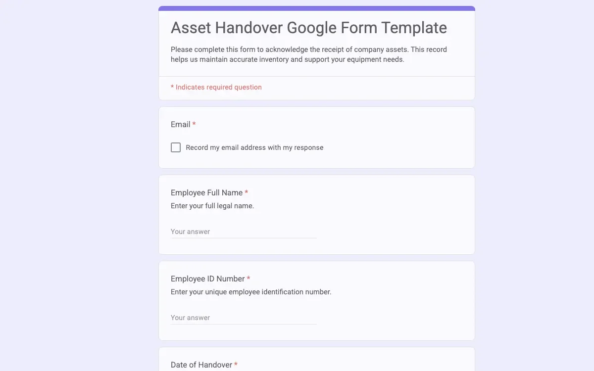 Preview of Asset Handover Google Form Template