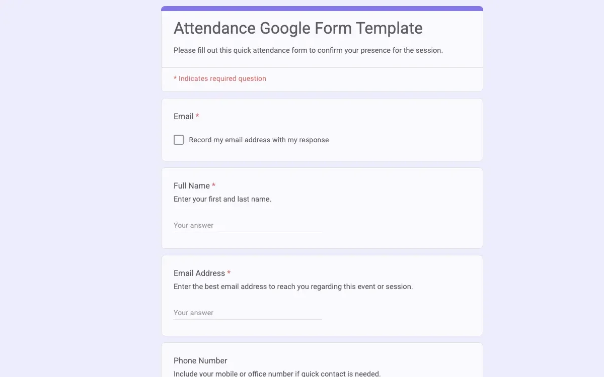 Preview of Attendance Google Form Template