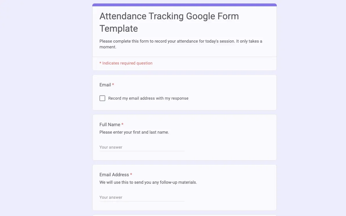 Preview of Attendance Tracking Google Form Template