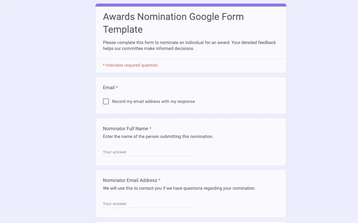 Preview of Awards Nomination Google Form Template