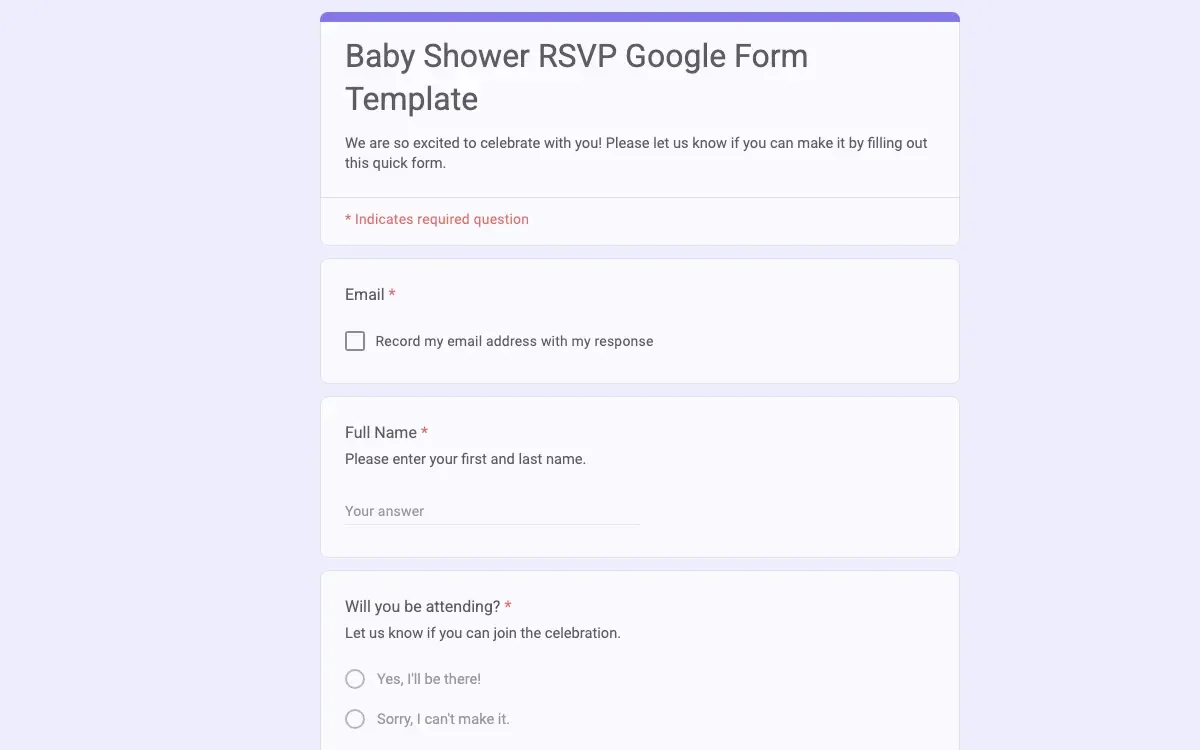 Preview of Baby Shower RSVP Google Form Template