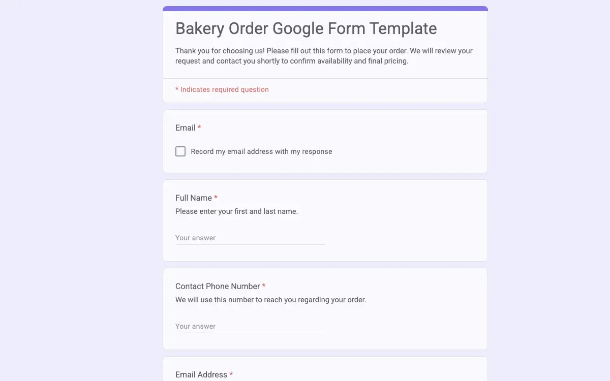 Preview of Bakery Order Google Form Template