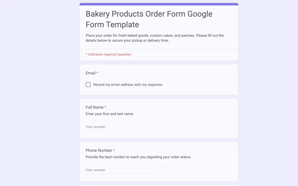 Preview of Bakery Products Order Form Google Form Template