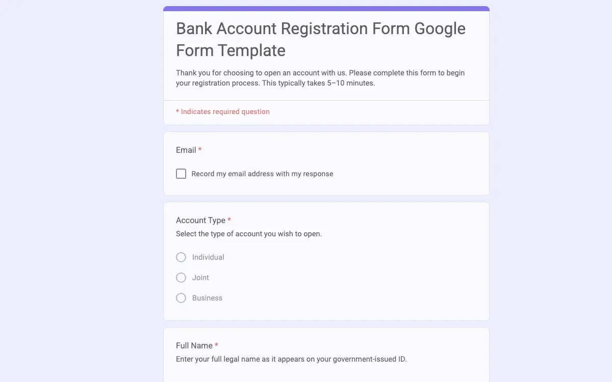 Preview of Bank Account Registration Form Google Form Template
