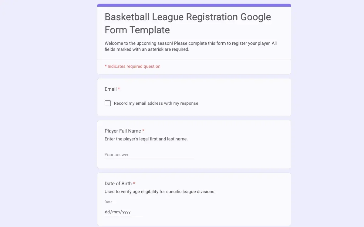 Preview of Basketball League Registration Google Form Template
