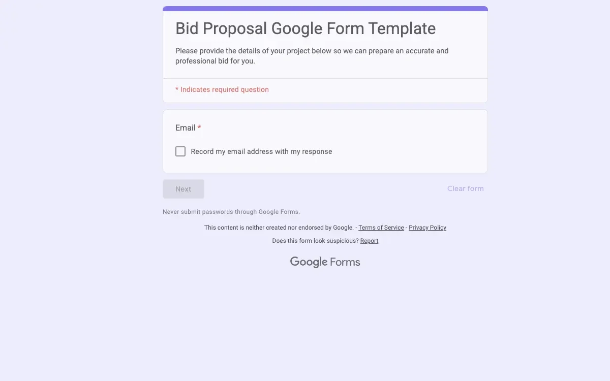 Preview of Bid Proposal Google Form Template