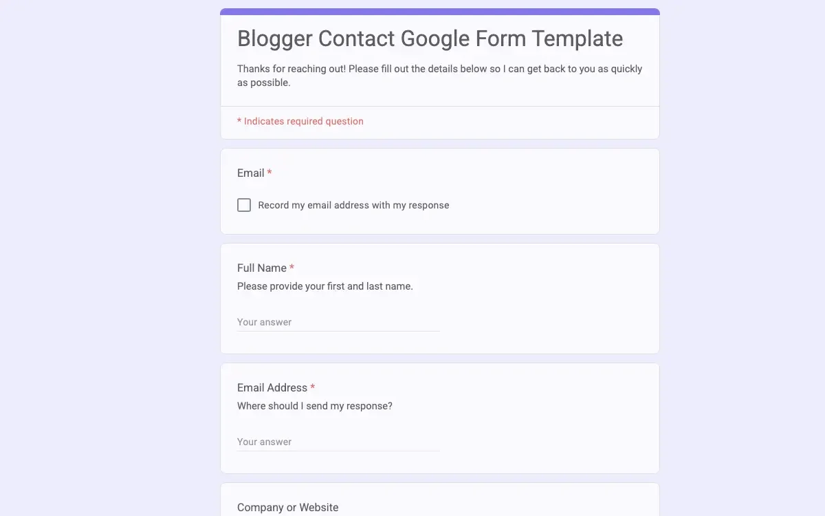 Preview of Blogger Contact Google Form Template