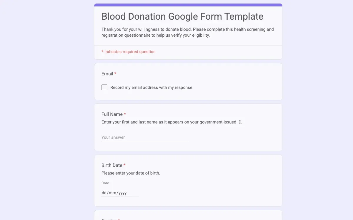 Preview of Blood Donation Google Form Template