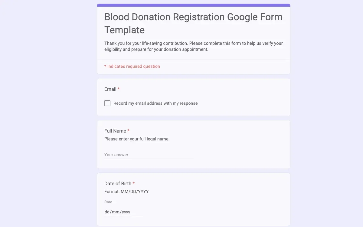 Preview of Blood Donation Registration Google Form Template