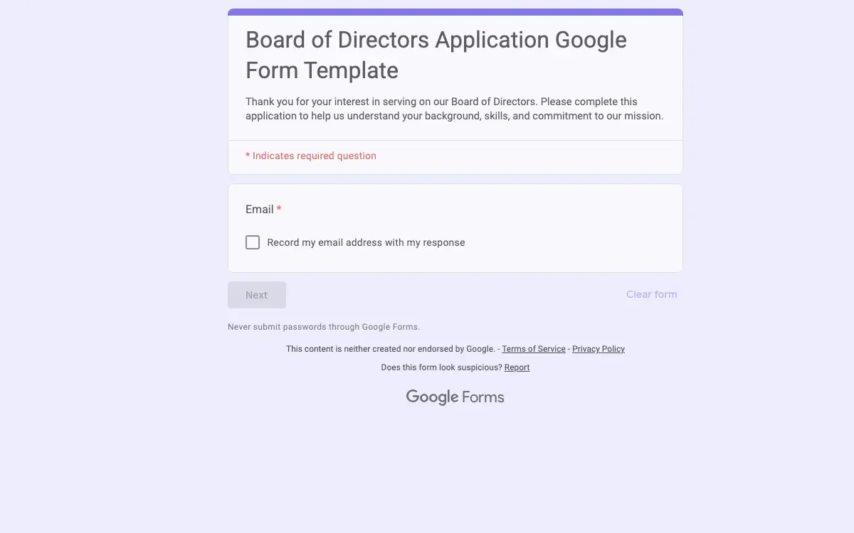 Preview of Board of Directors Application Google Form Template