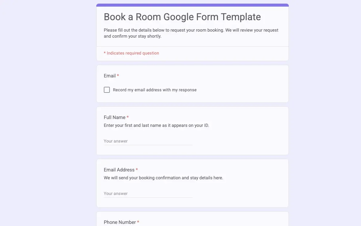 Preview of Book a Room Google Form Template