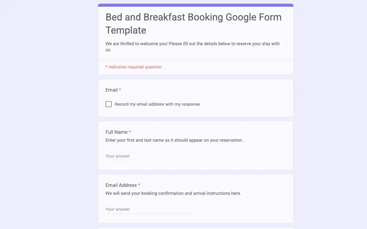 Preview of Bed and Breakfast Booking Google Form Template