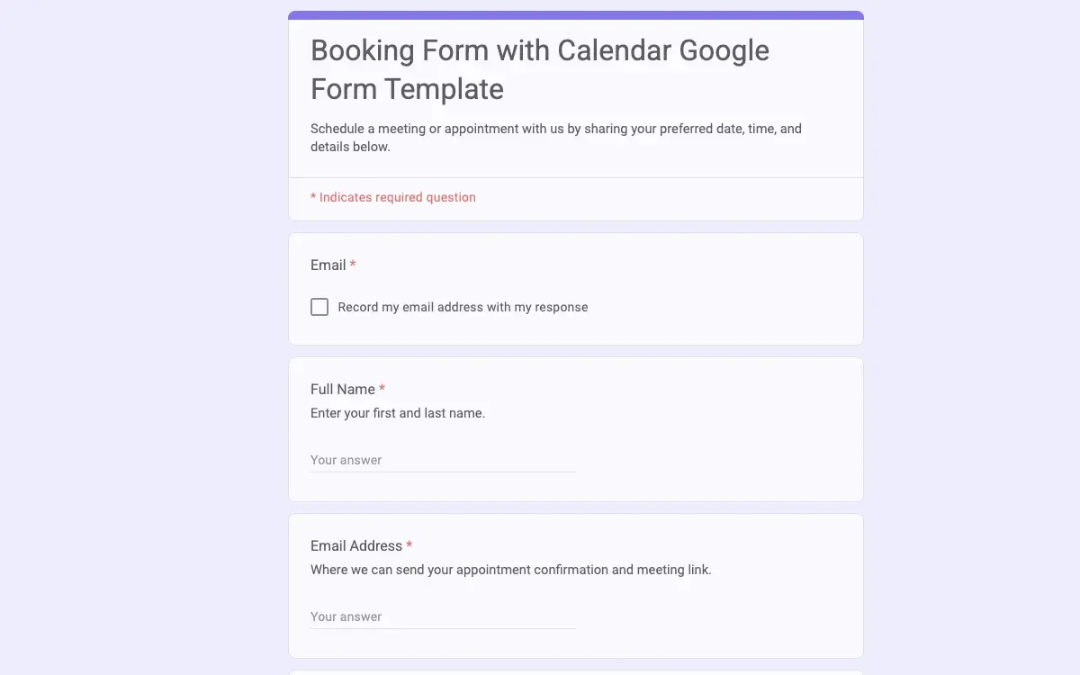 Preview of Booking Form with Calendar Google Form Template