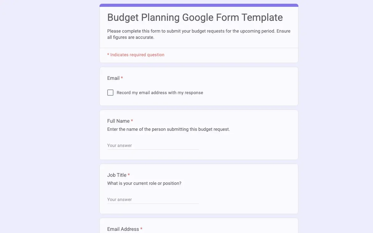 Preview of Budget Planning Google Form Template