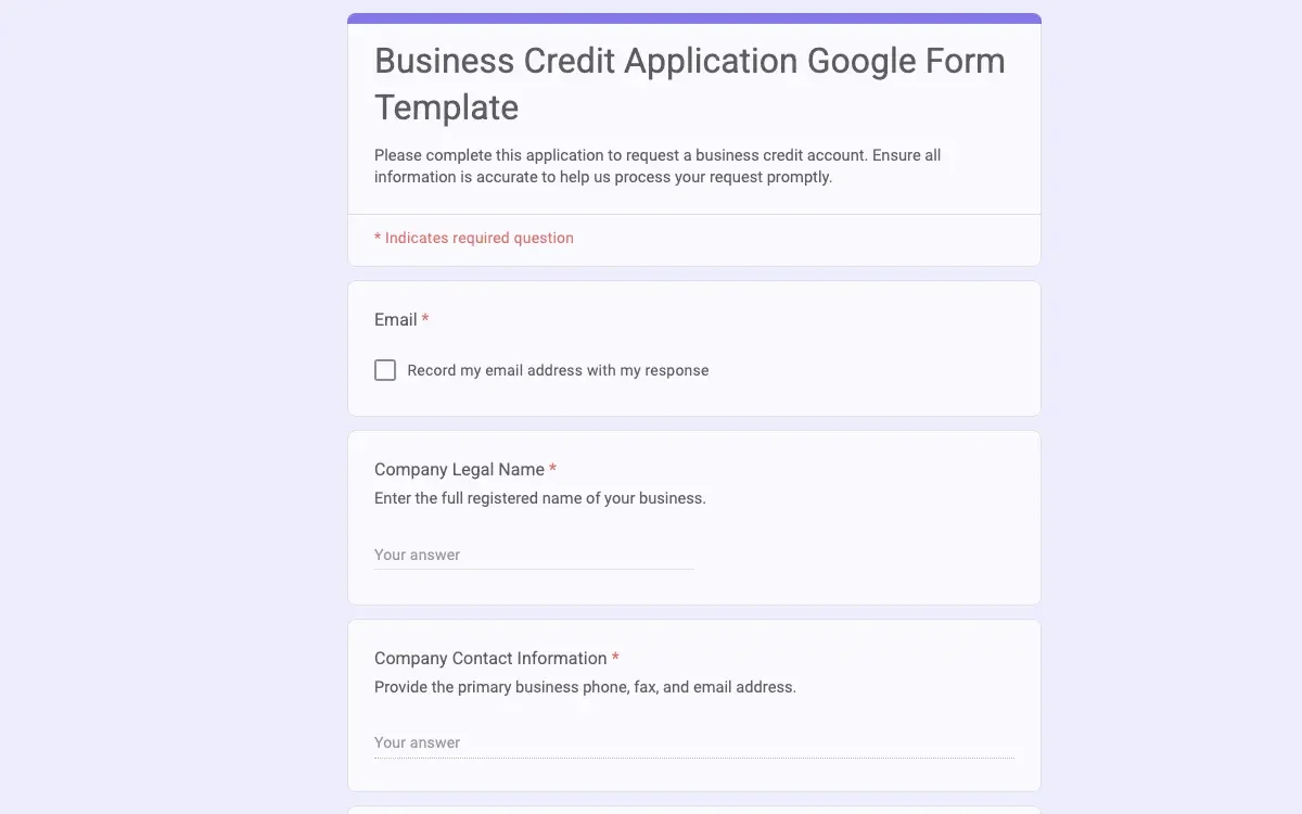 Preview of Business Credit Application Google Form Template