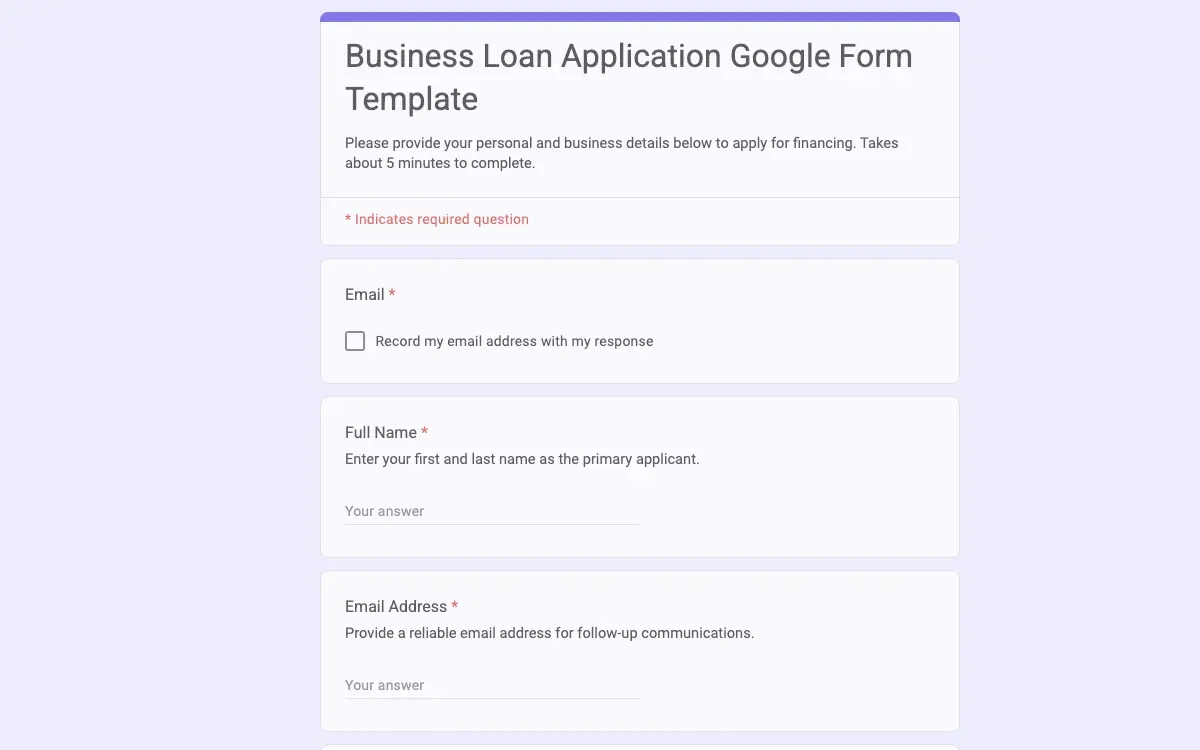 Preview of Business Loan Application Google Form Template