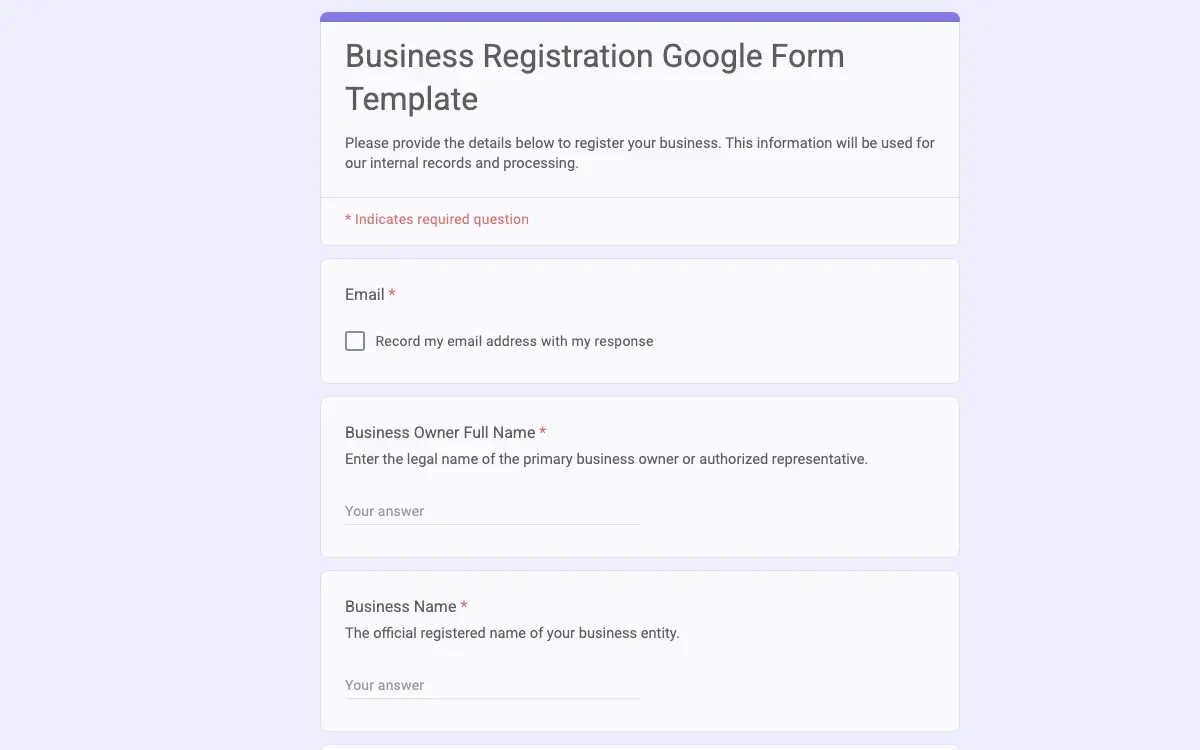 Preview of Business Registration Google Form Template