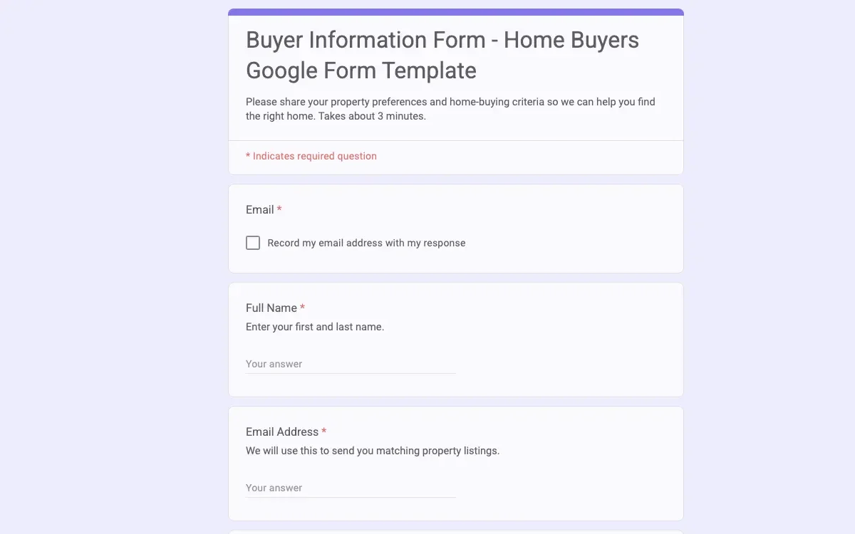Preview of Buyer Information Form - Home Buyers Google Form Template