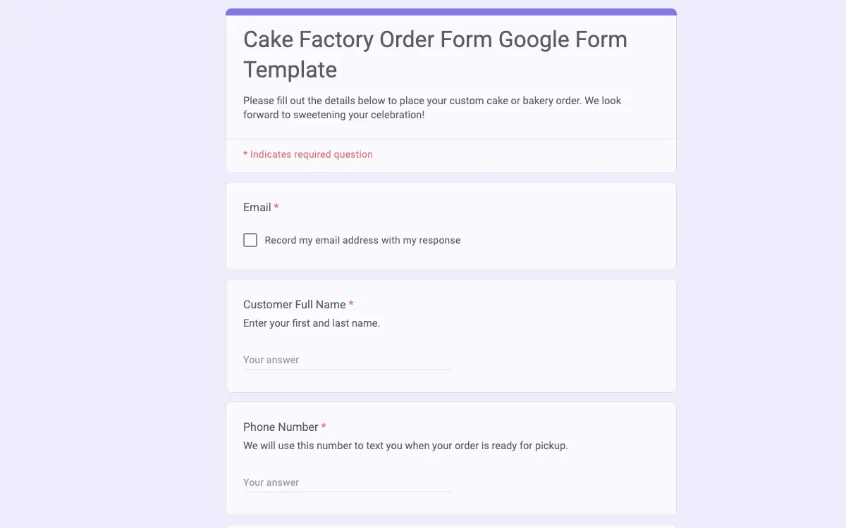 Preview of Cake Factory Order Form Google Form Template