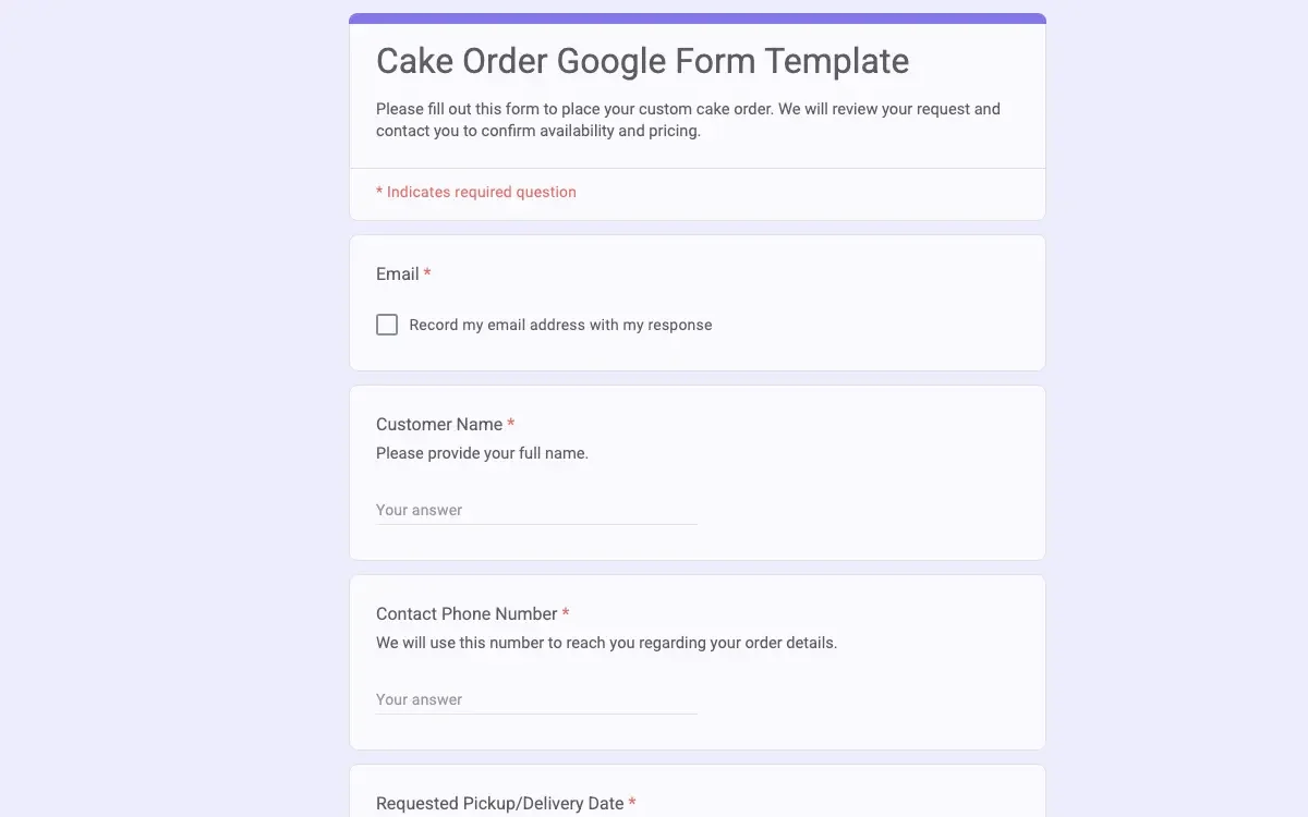 Preview of Cake Order Google Form Template