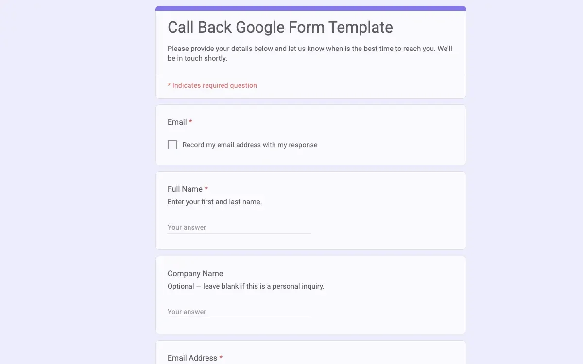 Preview of Call Back Google Form Template