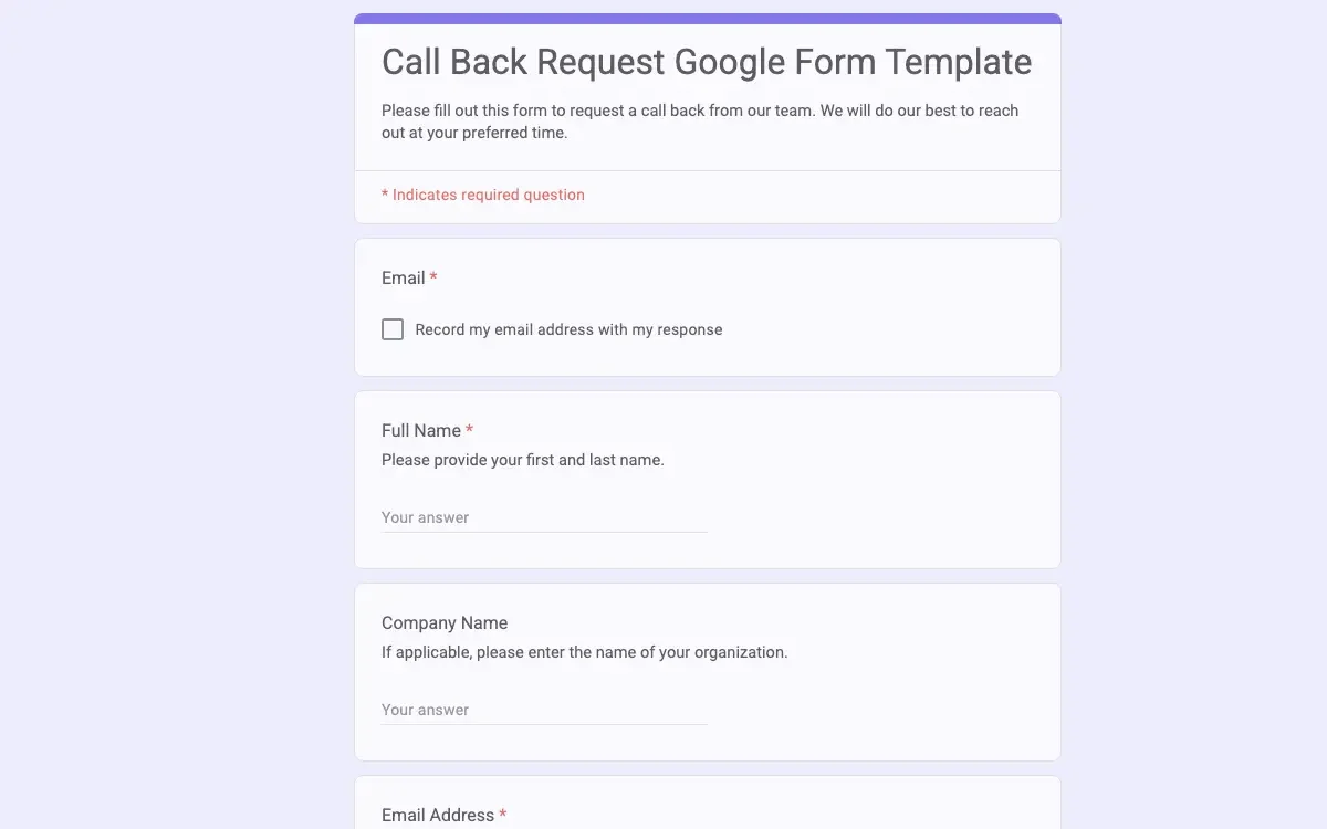 Preview of Call Back Request Google Form Template
