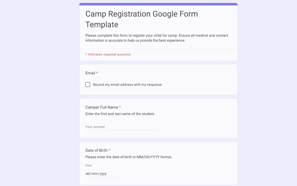 Preview of Camp Registration Google Form Template