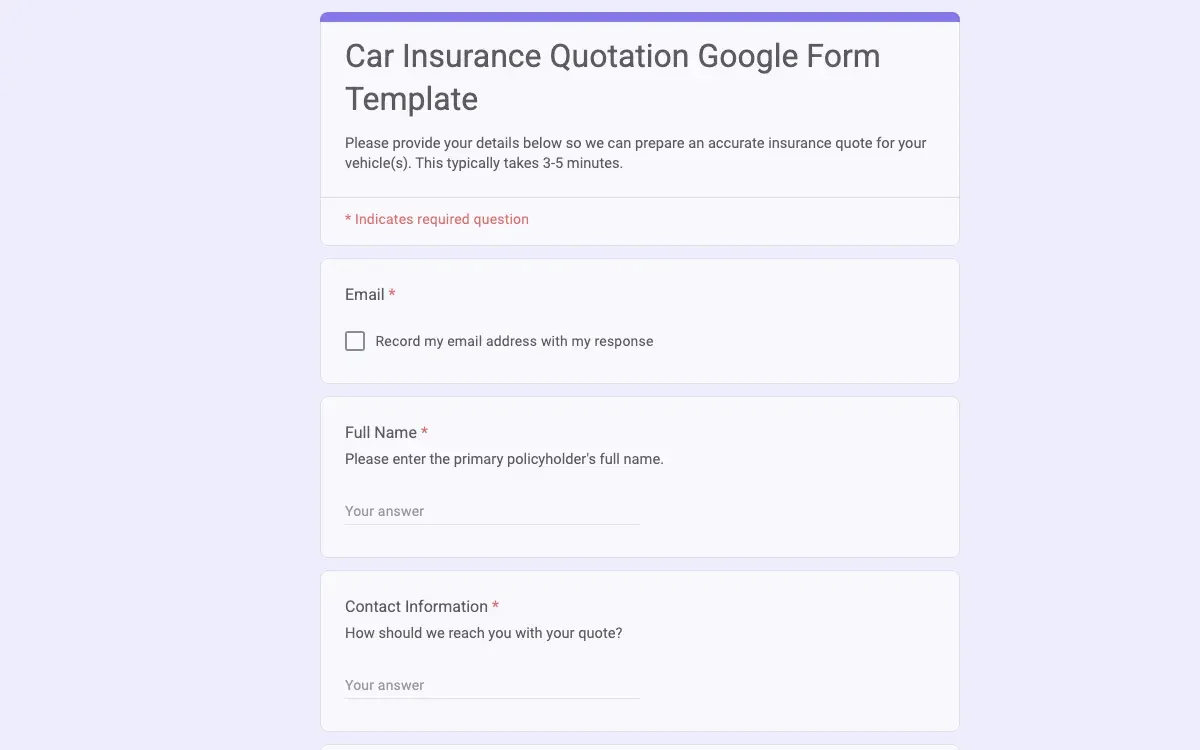 Preview of Car Insurance Quotation Google Form Template