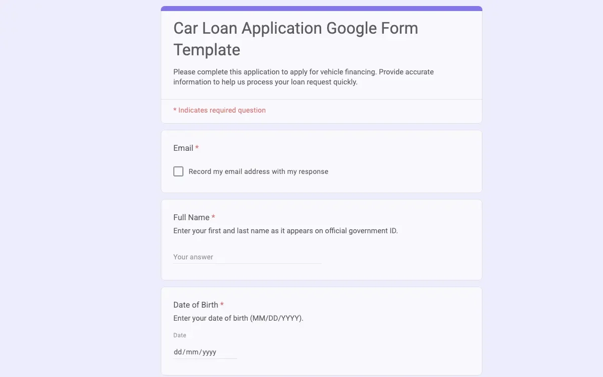 Preview of Car Loan Application Google Form Template