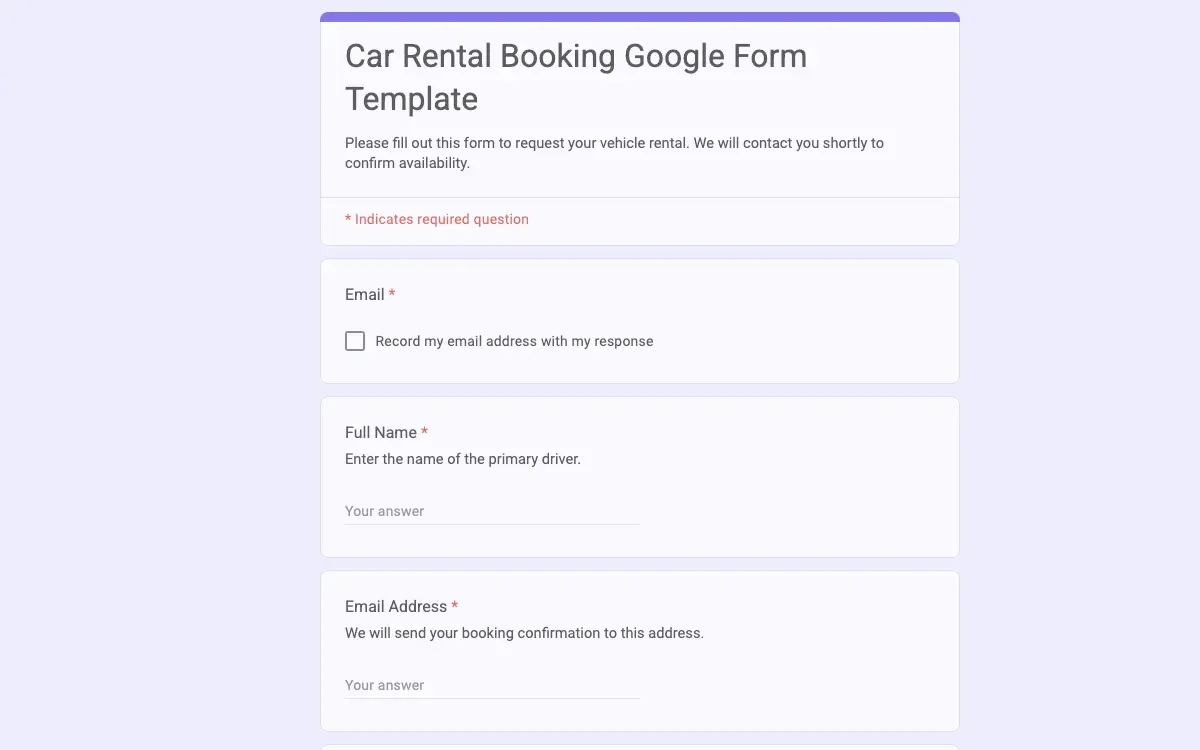 Preview of Car Rental Booking Google Form Template