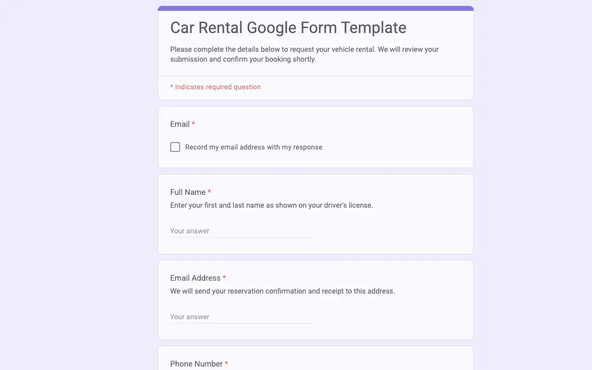 Preview of Car Rental Google Form Template