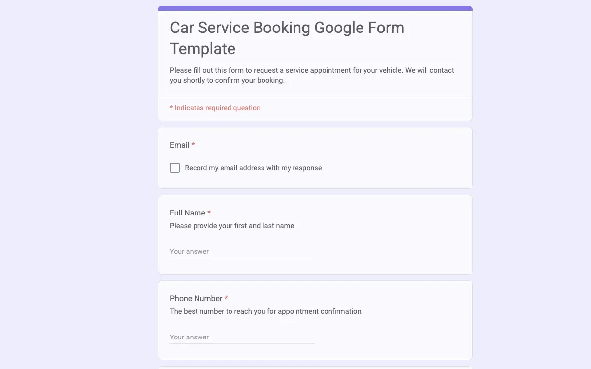 Preview of Car Service Booking Google Form Template