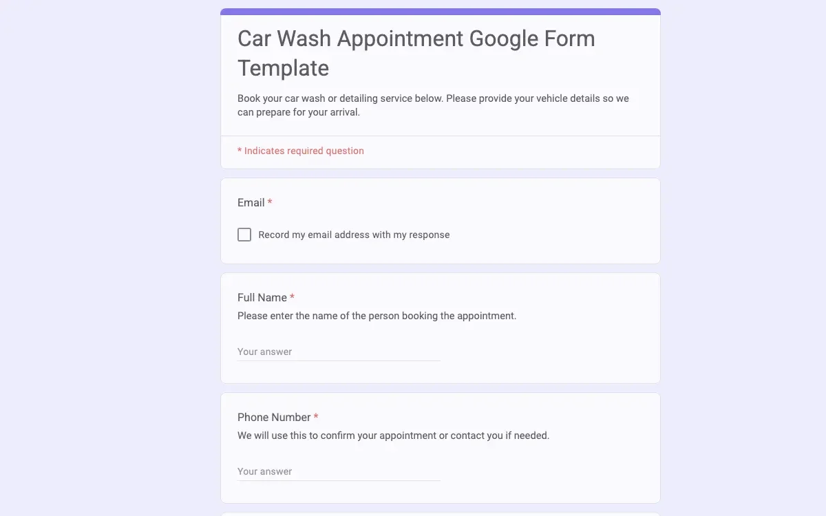 Preview of Car Wash Appointment Google Form Template