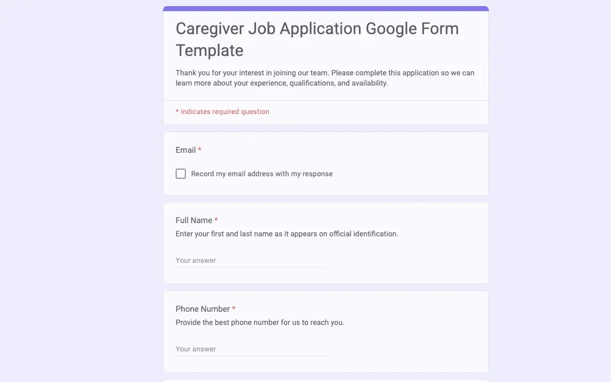Preview of Caregiver Job Application Google Form Template