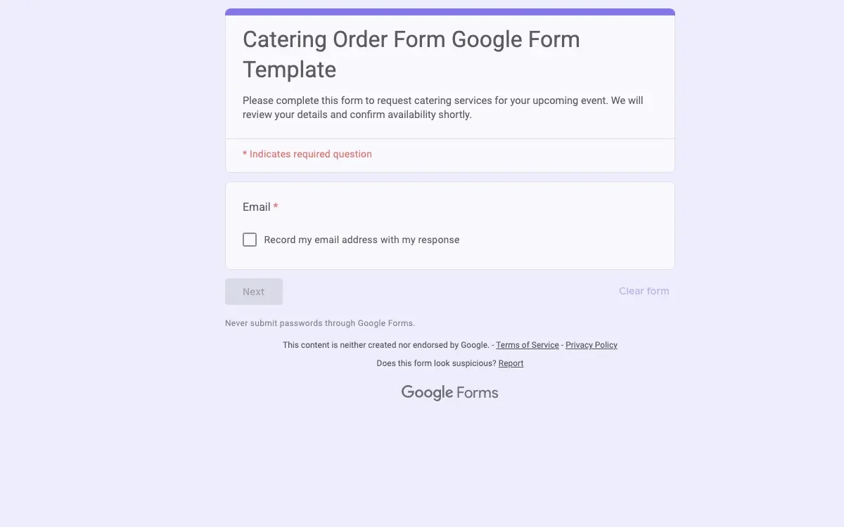 Preview of Catering Order Form Google Form Template