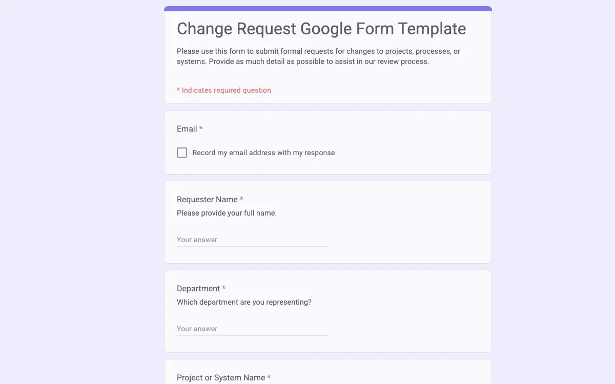 Preview of Change Request Google Form Template