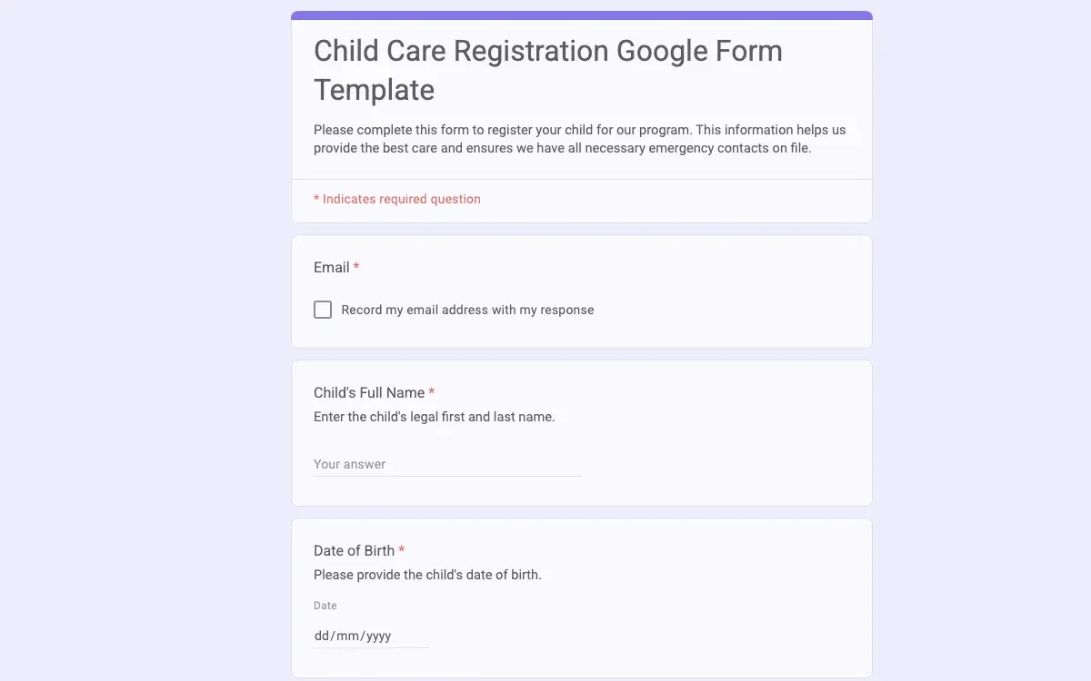 Preview of Child Care Registration Google Form Template